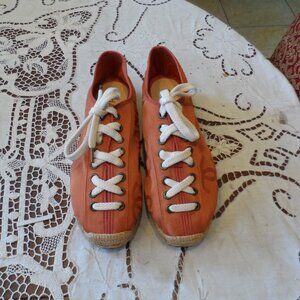 New Chanel Orange Signature Logo Canvas Lace Up Espadrilles Size 37B